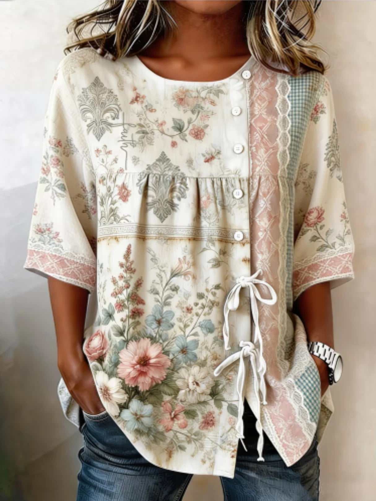 Cardydony Women's Rose Patchwork Short-sleeve Top