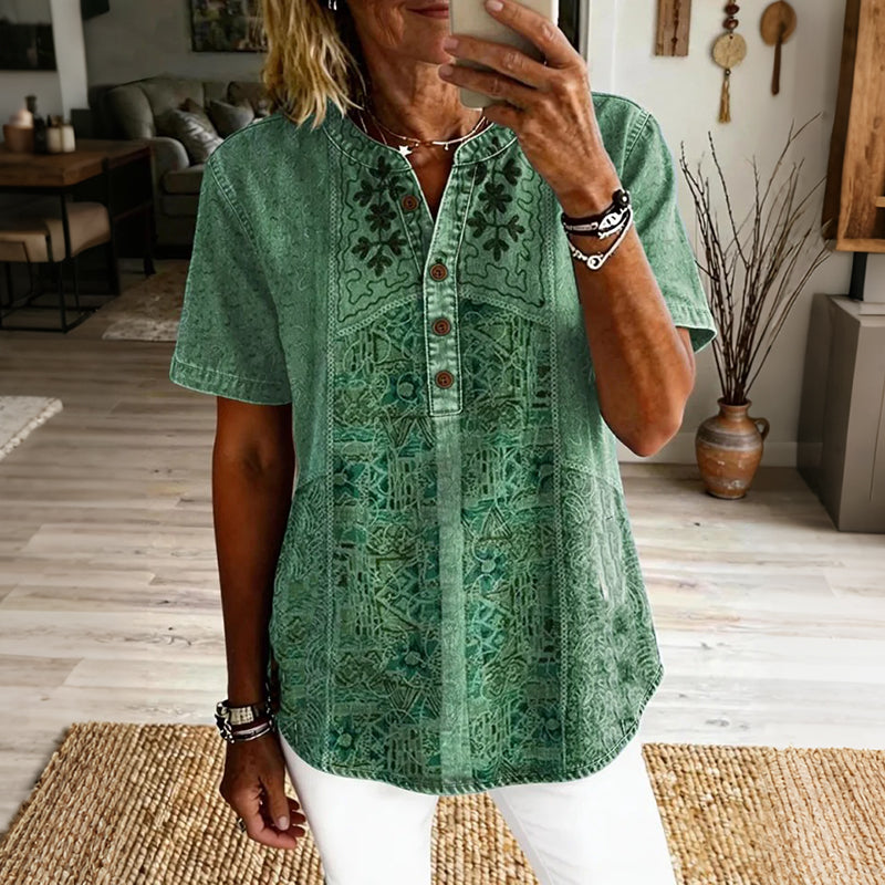 Cardydony Women's Vintage Ethnic Floral Art Print Casual Short-sleeve Shirt