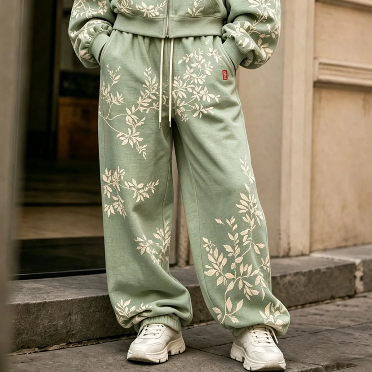 Cardydony Women's Vintage Floral Art Print Zip Up Hoodie Two Piece Set
