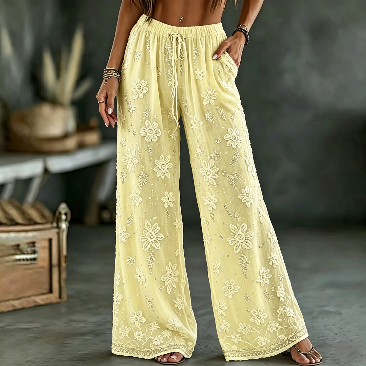 Cardydony Women's White Rose Art Embroidered Linen Blend Pants