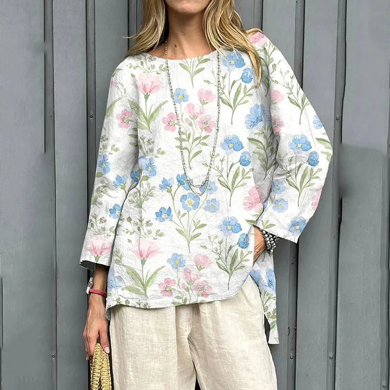 Cardydony Women's Vintage Flowers Art Print Linen T-shirt