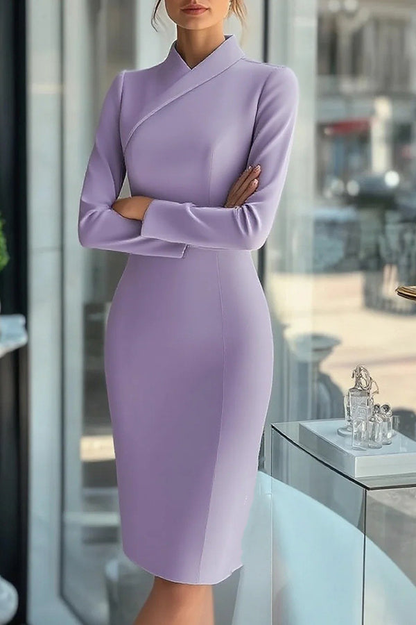 Cardydony Women's Solid Color High-neck Long-sleeved Slim-fit Midi Dress