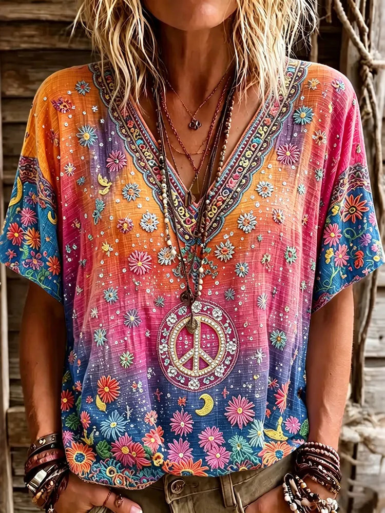 Cardydony Women's Retro Hippie Floral Color Gradient Art Linen Blend Short Sleeve Tops