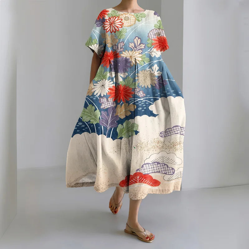Cardydony Women's Japanese Floral Art Print Linen Dress