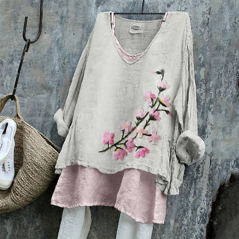 Cardydony Japanese Cherry Blossom Embroidered Linen Tunic