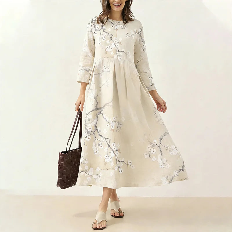 Cardydony Japanese Retro Cherry Blossom Print Art Comfy Maxi Dress