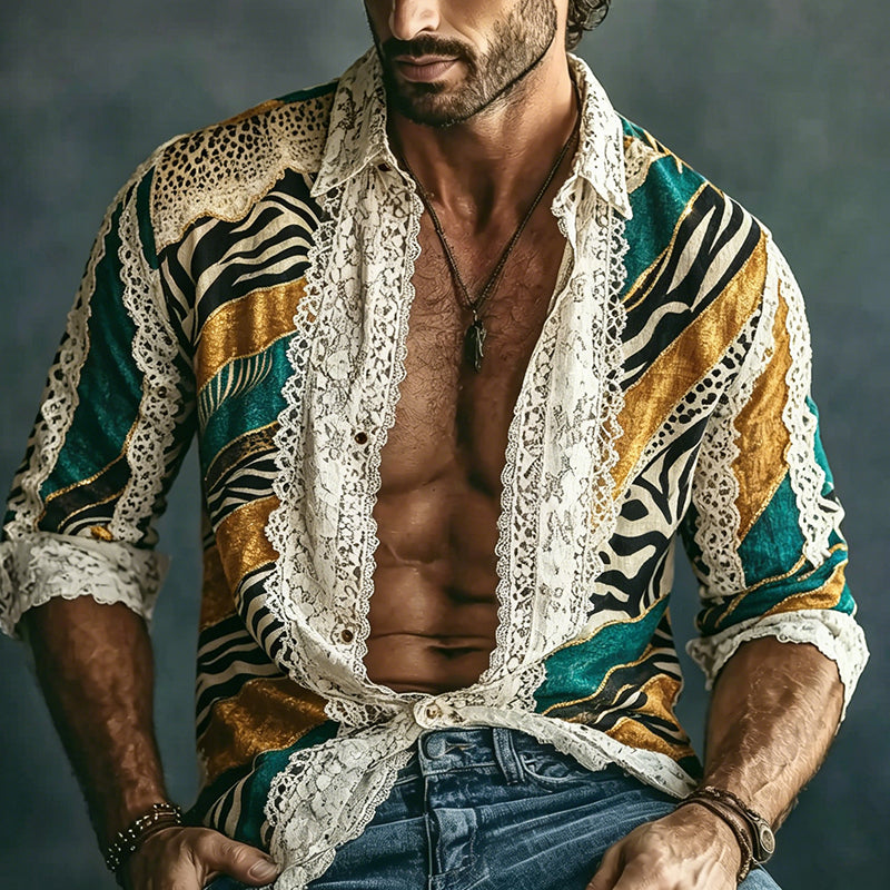 Cardydony Men's Retro Leopard Print Bohemian Casual Vacation Shirt