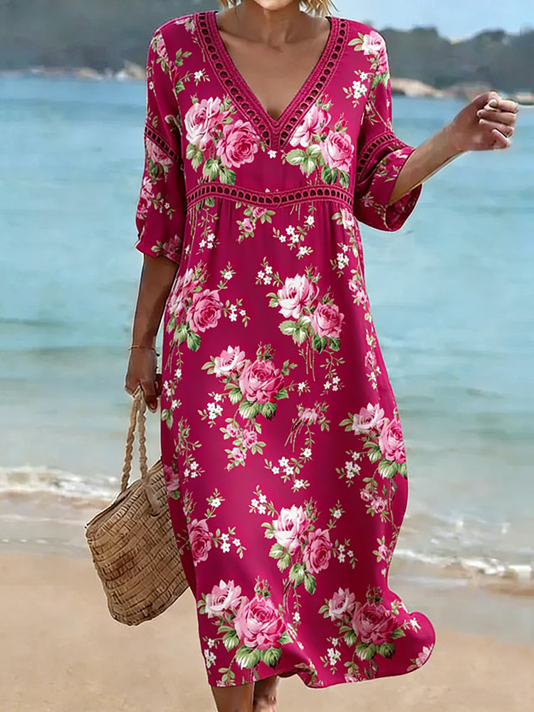 Cardydony Women's Floral Art Linen Blend Loose Three-quarter Sleeve V Neck Dress