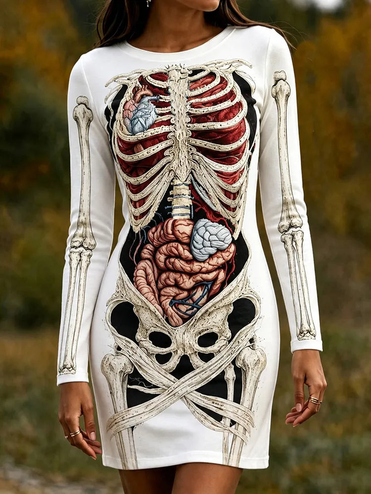 Cardydony Women's Retro Human Anatomy Art 3d Printing Bodycon Mini Dress