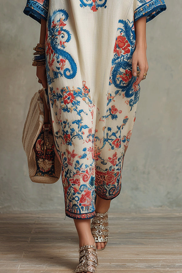 Cardydony Women's Unique Print Loose V-Neck Casual Slit Maxi Dress