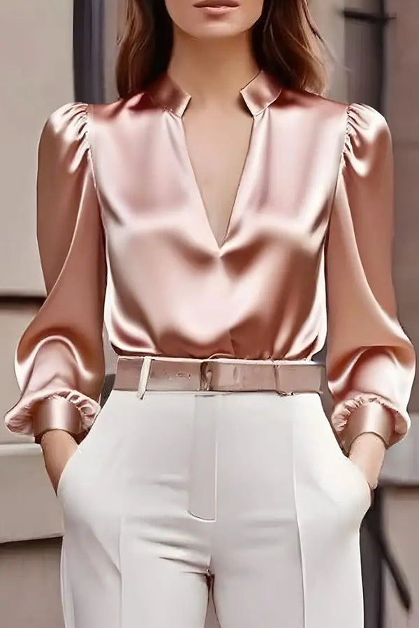 Cardydony Women's Solid Color Satin V-neck Long-sleeved Casual Shirt