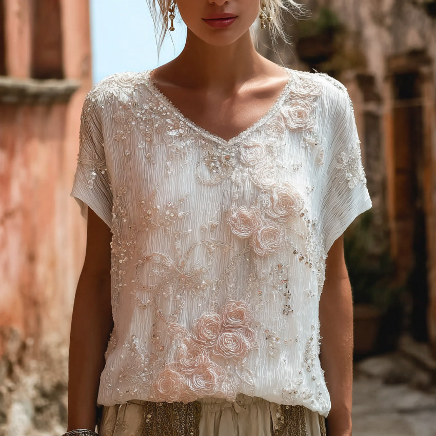 Cardydony Women's Bohemian Style Floral Rose Print Simple And Comfortable Short-sleeve Top