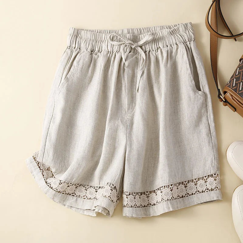 Cardydony Women's Retro Solid Color Lace Elastic Waist Cotton And Linen Shorts