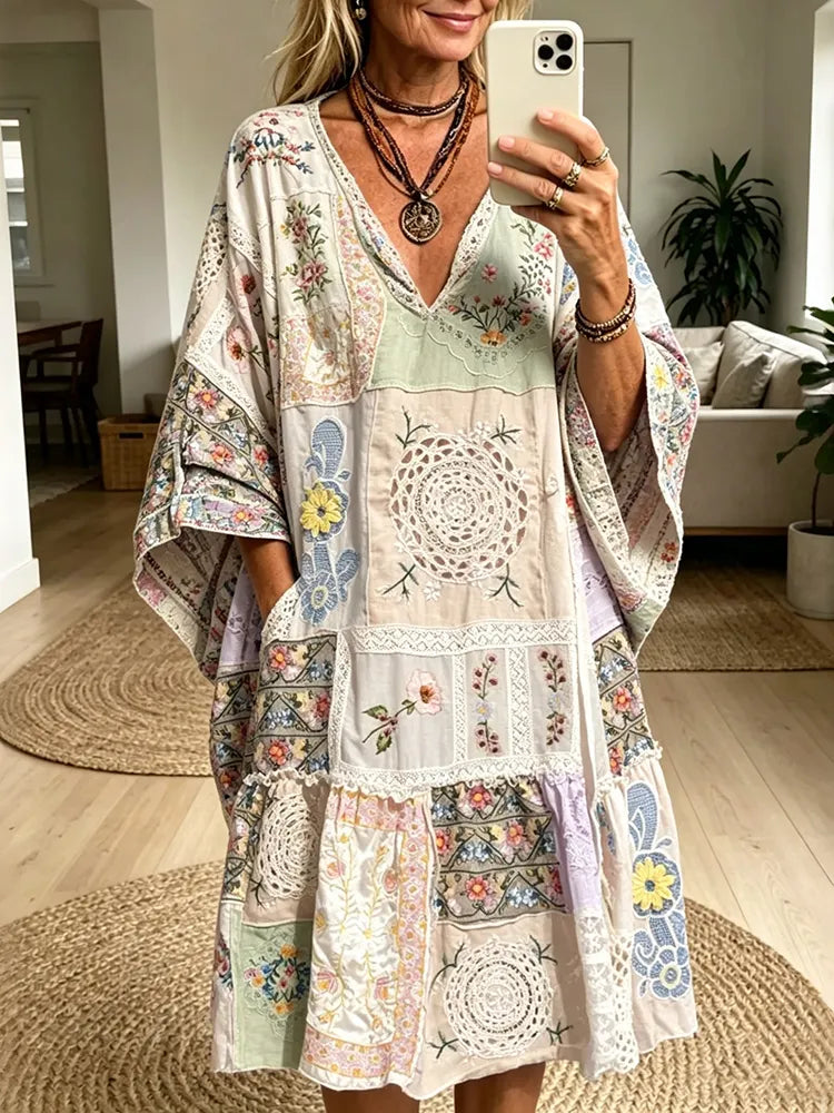 Cardydony Women's Floral Lace Patchwork Cotton Linen Dress