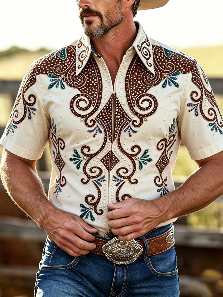 Cardydony Men's Retro Ethnic Color Block Print Denim Short-sleeve Shirt