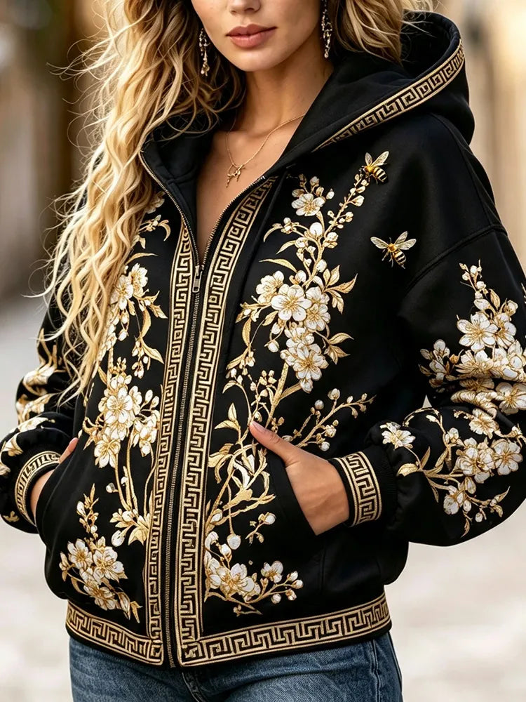 Cardydony Women's Japanese Floral Art Print Casual Zip Up Hoodie