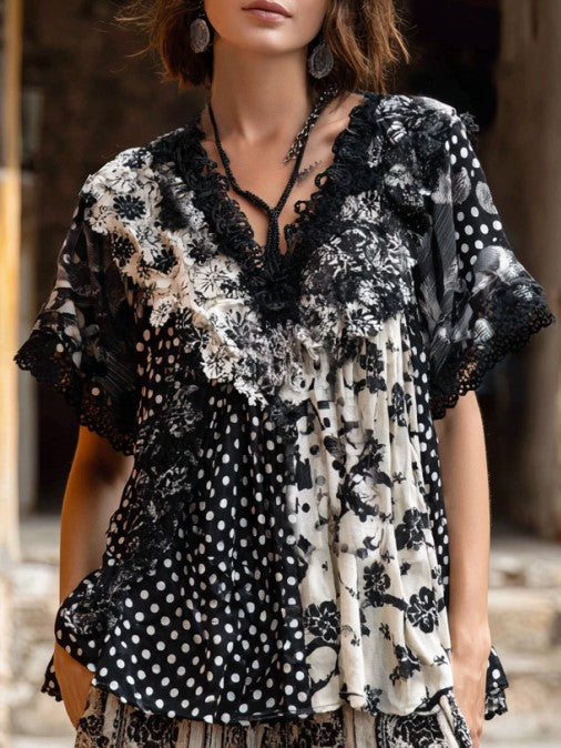 Cardydony Women's Retro Bohemian Style Floral Print Lace Polka Dot V-neck Short-sleeve Top