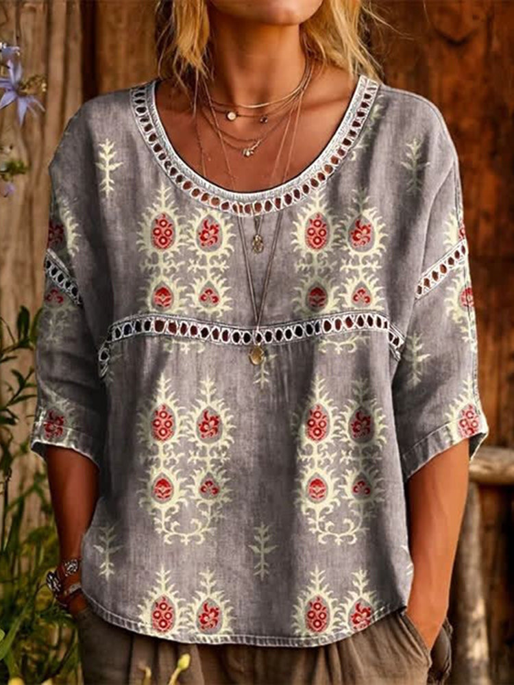 Cardydony Women's Retro Floral Art Pattern Cotton Linen Casual Round Neck T-shirt