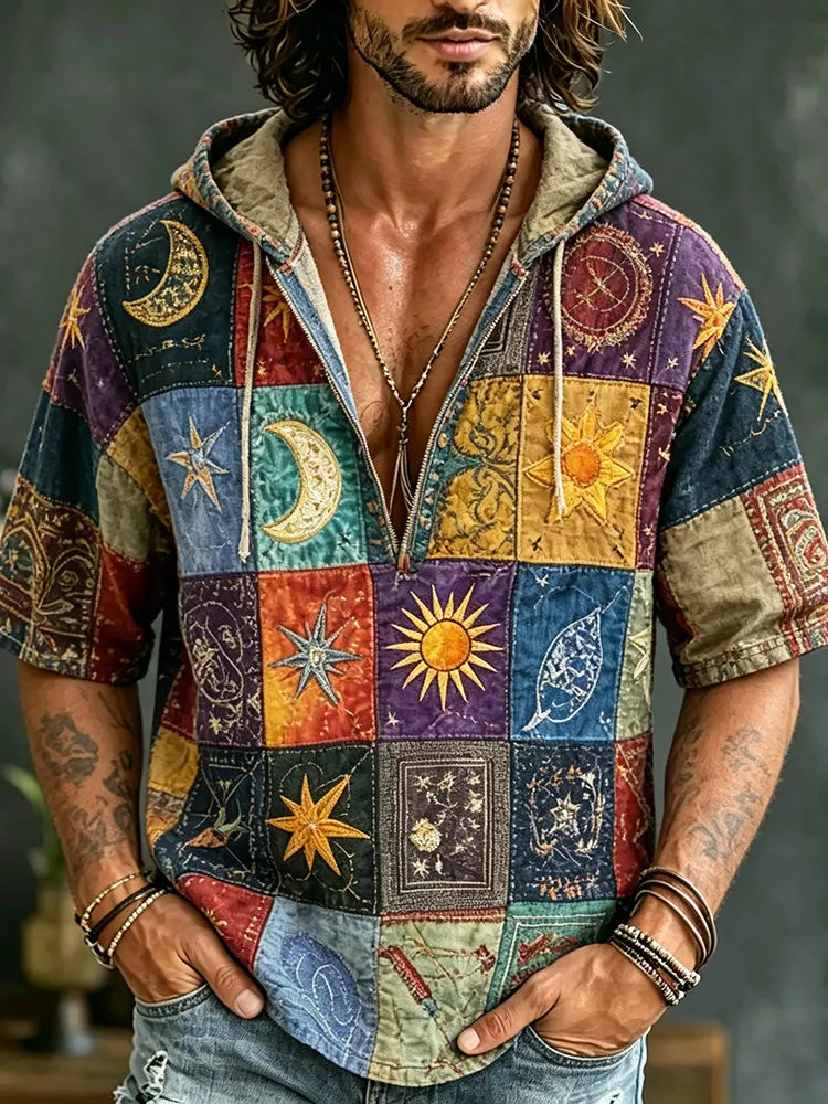 Cardydony Retro Casual Sun And Moon Print Patchwork Hooded T-shirt