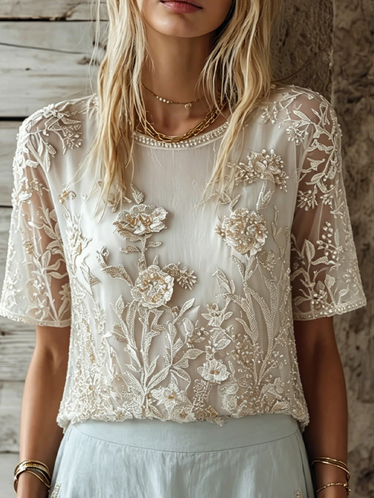 Cardydony Vintage Lace Floral Embroidered Sheer Mesh Short Sleeve Top