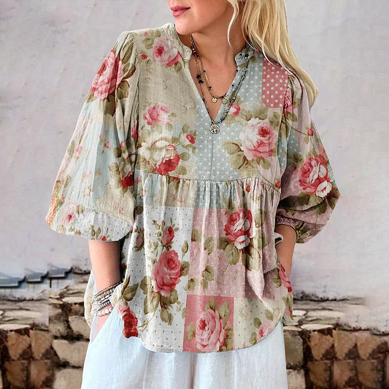 Cardydony Women's Retro Floral Art Print Cotton And Linen Casual Top