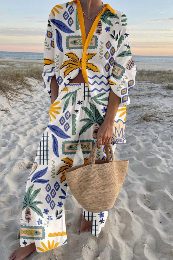 Cardydony Women's Summer Coconut Tree Print Loose Shirt and Elastic Waistband Pocket Pants Set