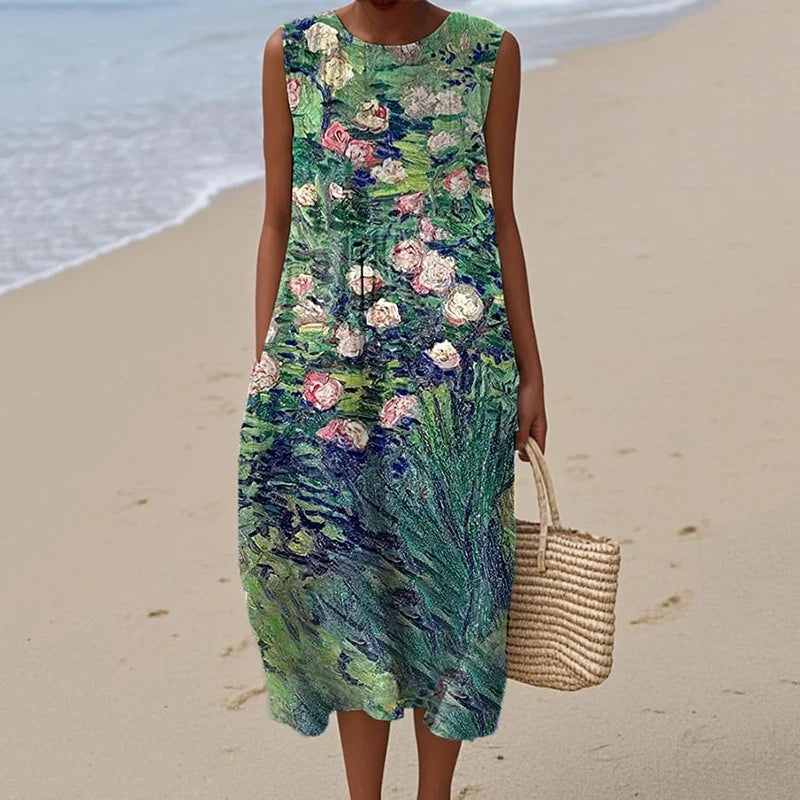 Cardydony Women's Retro Oil Floral Painting Casual Midi Dress