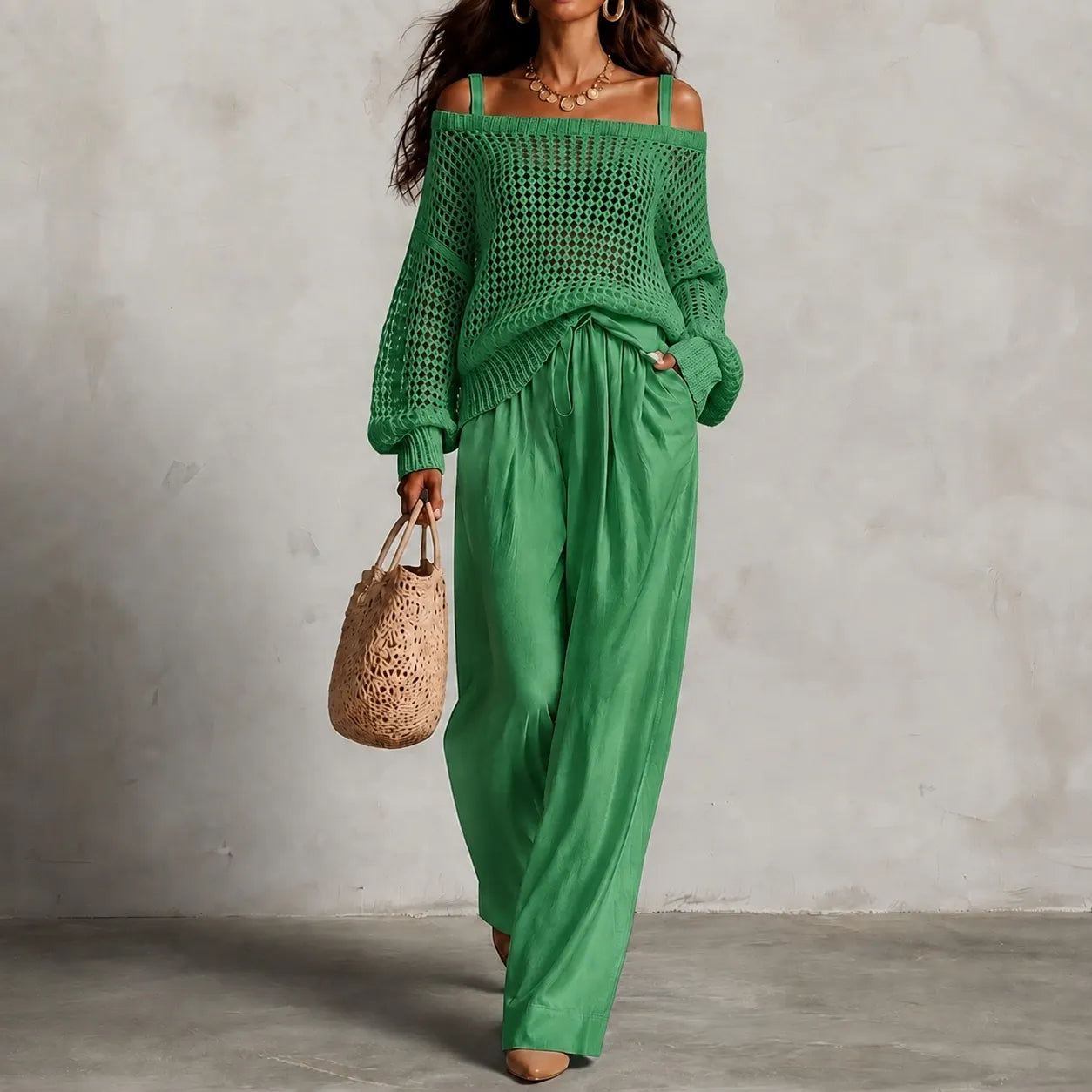 Cardydony Elegance Two-piece Set: Openwork Knit Top And Wide-leg Pants