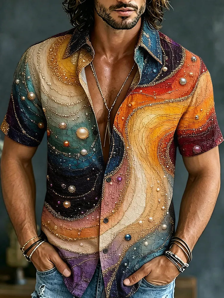 Cardydony Men's Retro Hippie Patchwork Print Short-sleeve Shirt