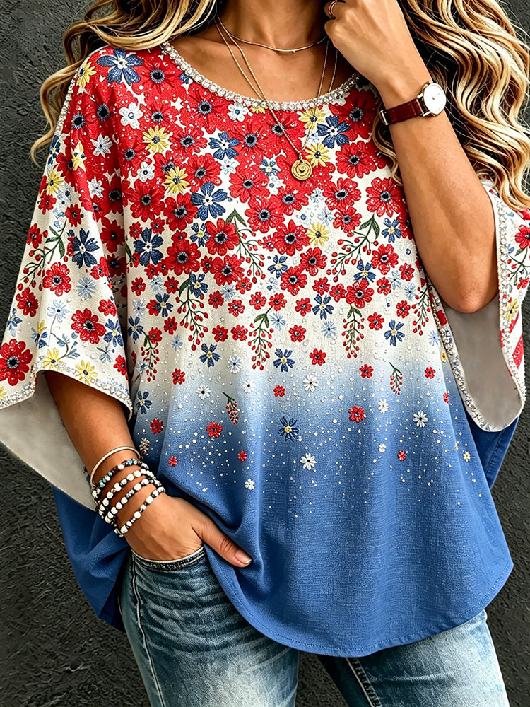 Cardydony Women's Vintage Independent Day Butterfly Art Print Flowy Linen Blend Three-quarter Sleeve Round Neck Linen Tops