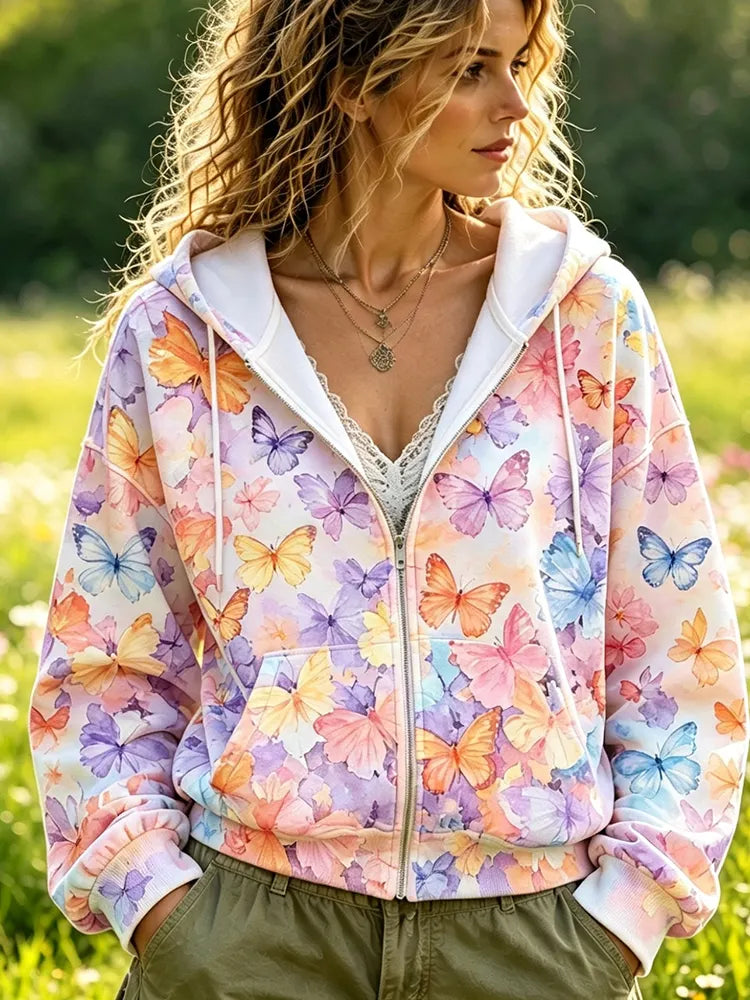 Cardydony Women's Casual Zip-up Hoodie - Colorful Watercolor Butterflies Print Long Sleeve Sweatshirt