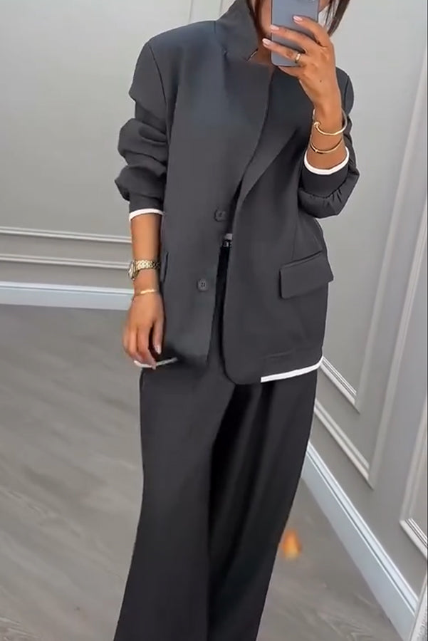 Cardydony Women's Fashion Sports Style Ribbed Colorblock Lapel Blazer and Elastic Waist Pocket Loose Pants Set