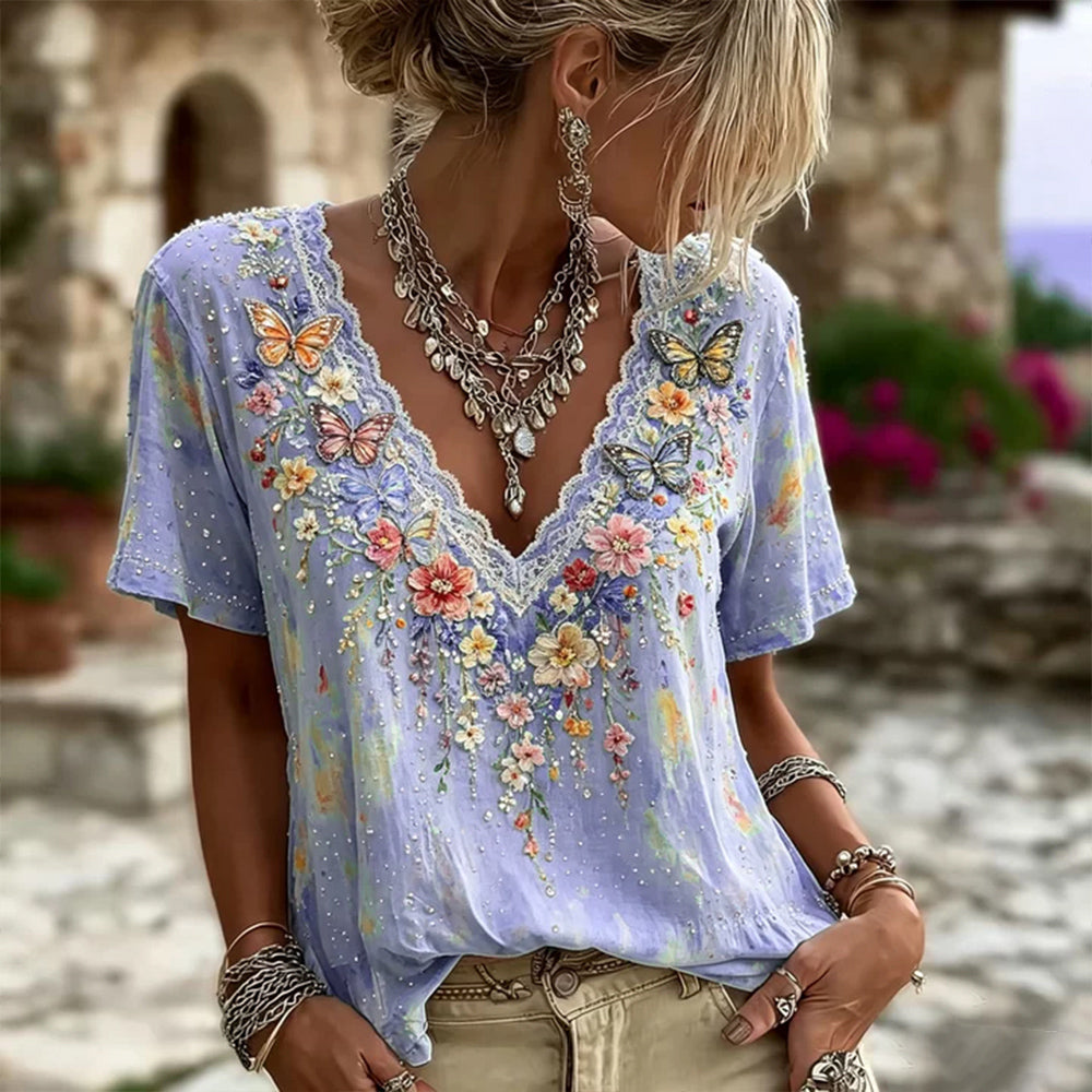 Cardydony Women's Colorful Floral And Butterfly Art Embroidered Linen Blend Lace V-neck Short Sleeve Top