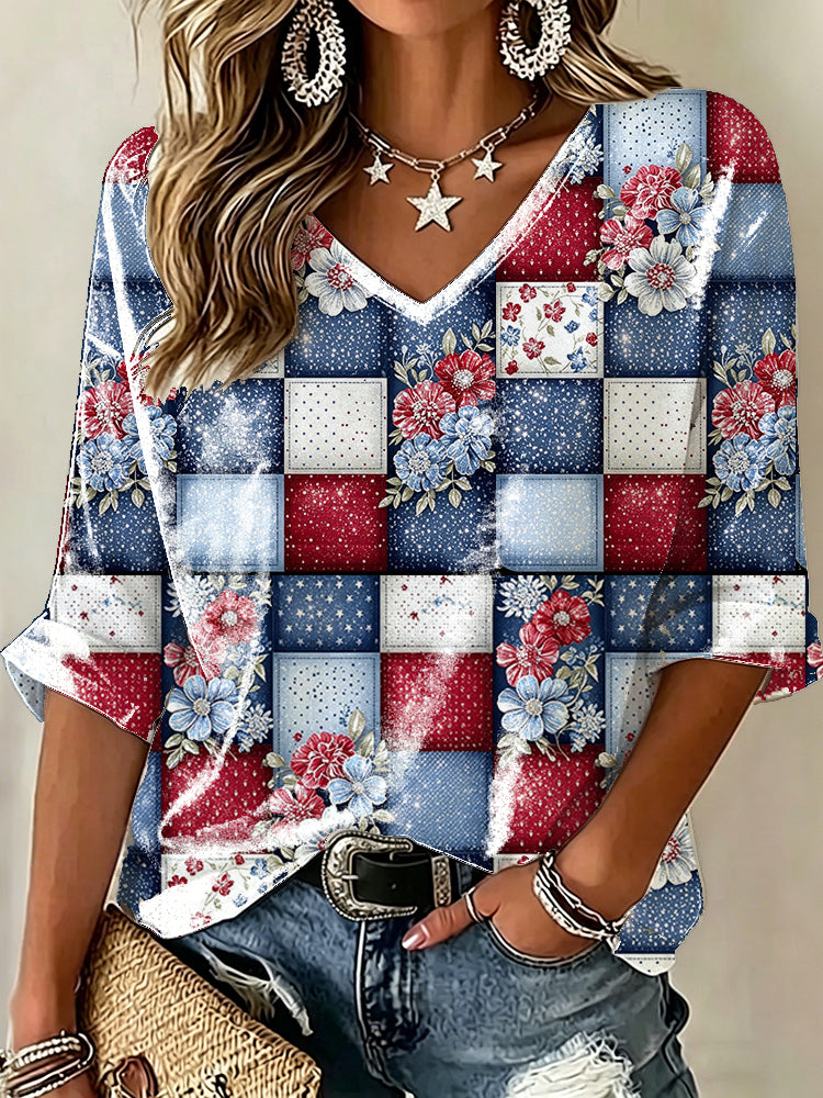 Cardydony Women's Vintage Independence Day Anniversary Floral Patchwork Art Print T-shirt