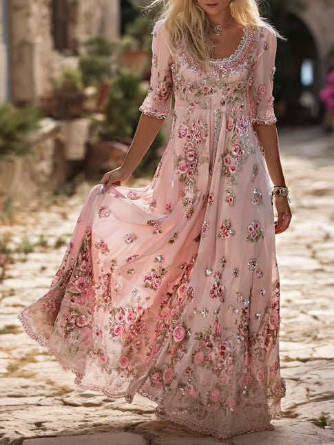 Cardydony Women's Retro Bohemian Style Rose Floral Print Embroidered Sequin Dress