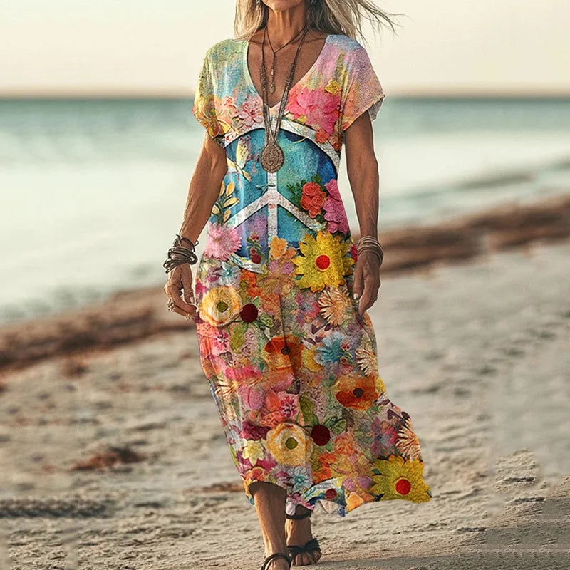 Cardydony Vintage Hippie Vibe Peace And Love Hippie Floral Painting Art Pattern Linen Blend V-neck Loose Midi Dress
