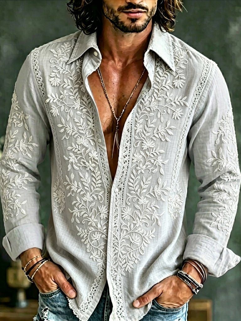 Cardydony Men's Causal Floral Art Print Flowy Linen Blend Shirt