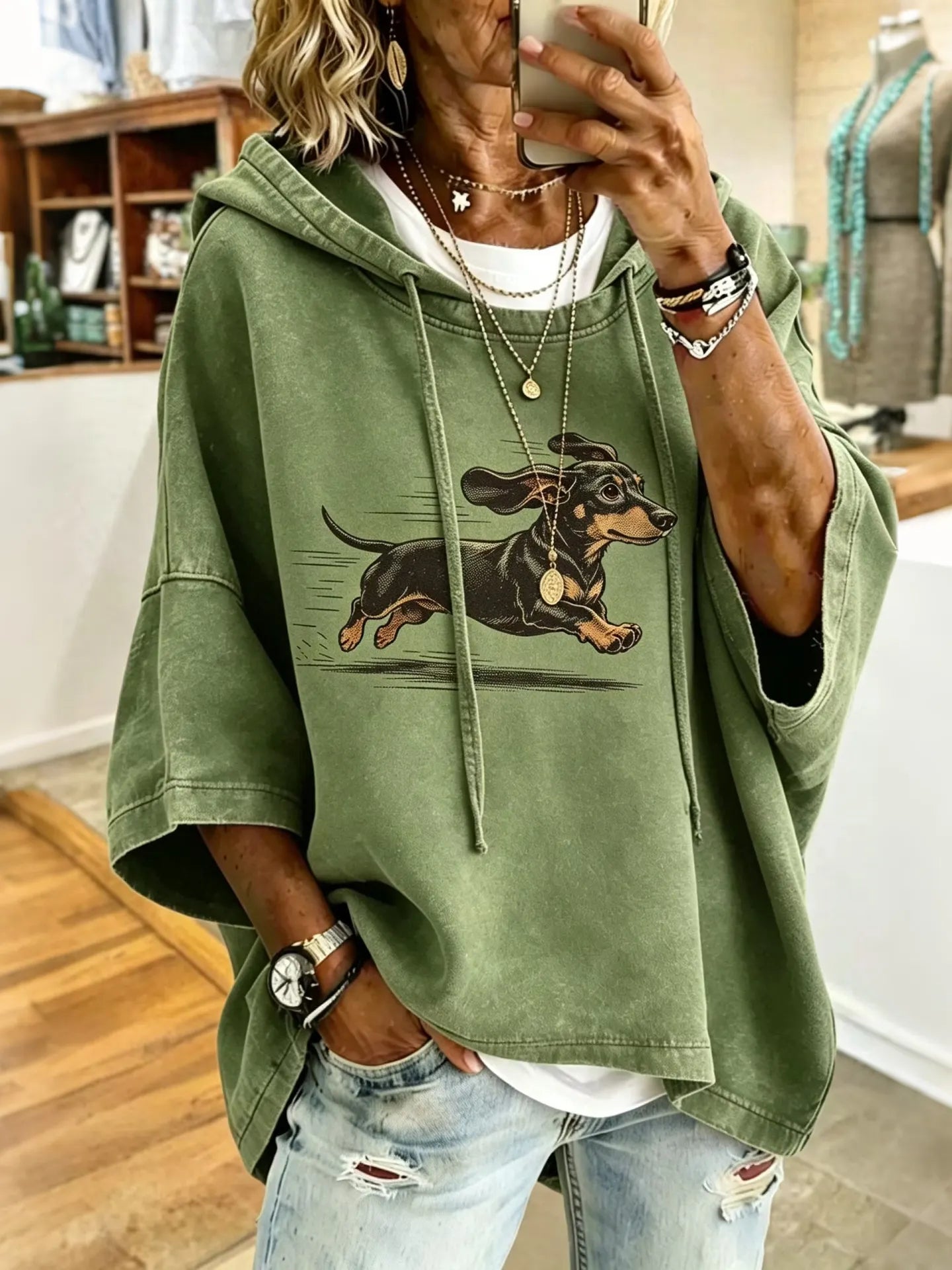 Cardydony Women's Cute Running Dachshund Print Hooded Sweatshirt