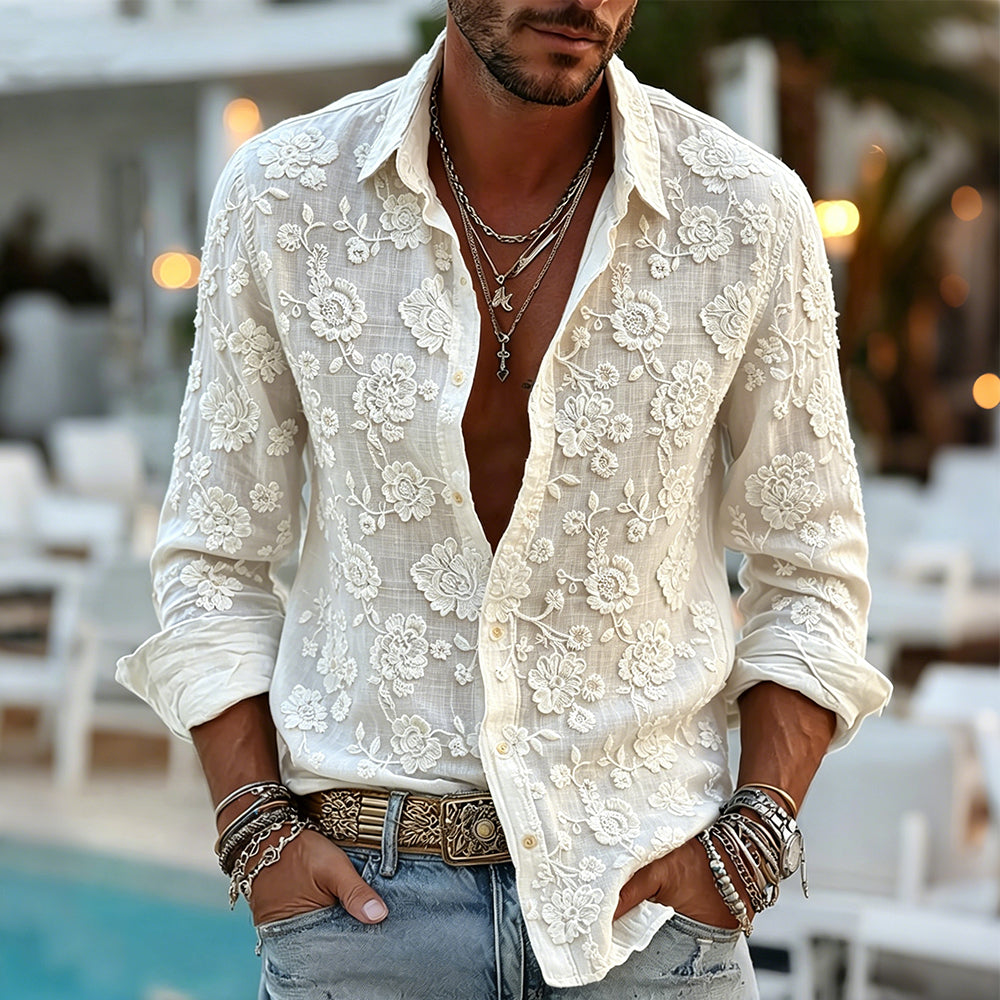 Cardydony Men's Vintage Floral Embroidery Art Cozy Linen Blouse