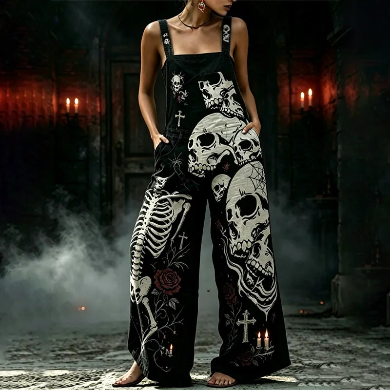 Cardydony Women's Gothic Style Halloween Skull Skeleton Rose Strap Overalls Jumpsuit