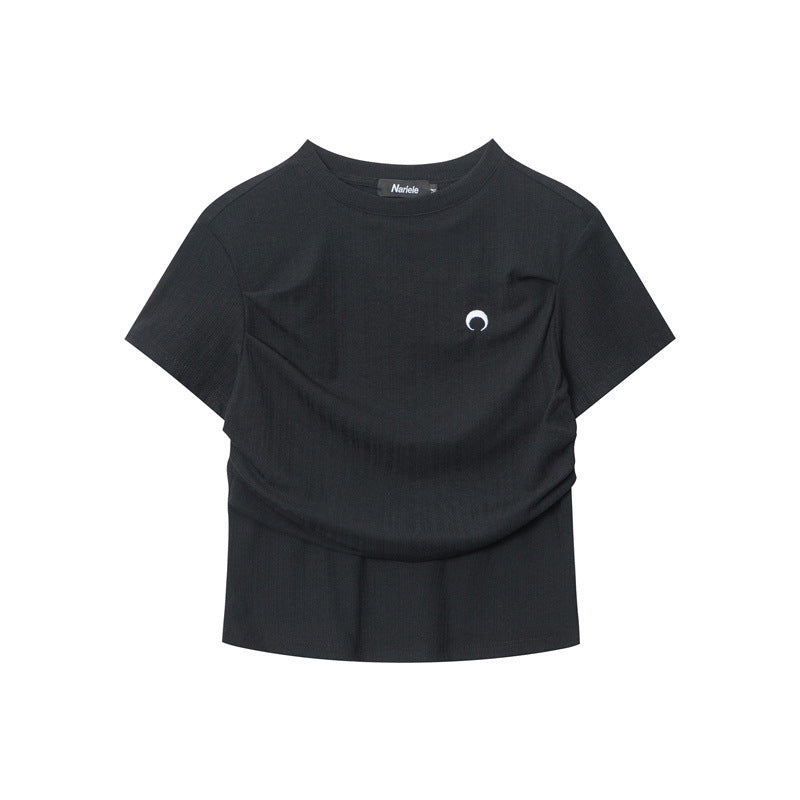 Cardydony Women's Minimalist Ruched Slim-Fit Tee with Embroidered Detail