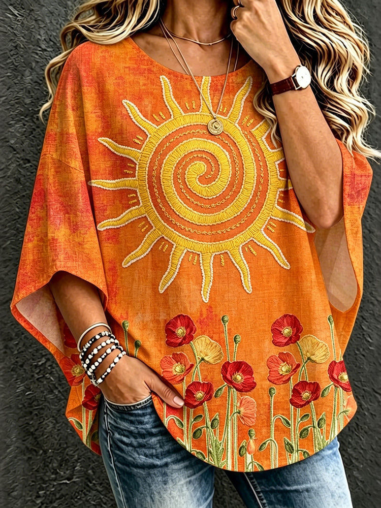 Cardydony Women's Bohemian Vintage Sunshine Floral Art Print Flowy Linen Blend Casual Tops