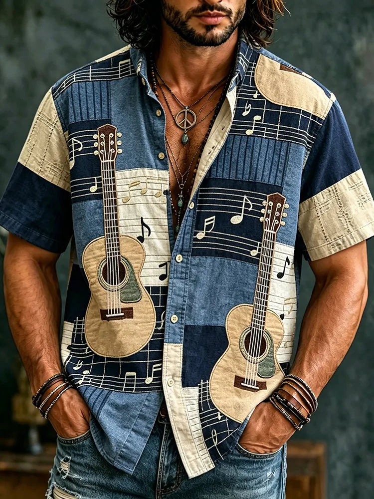 Cardydony Men's Hippie Music With Guitar Patchwork Art Print Casual Shirt