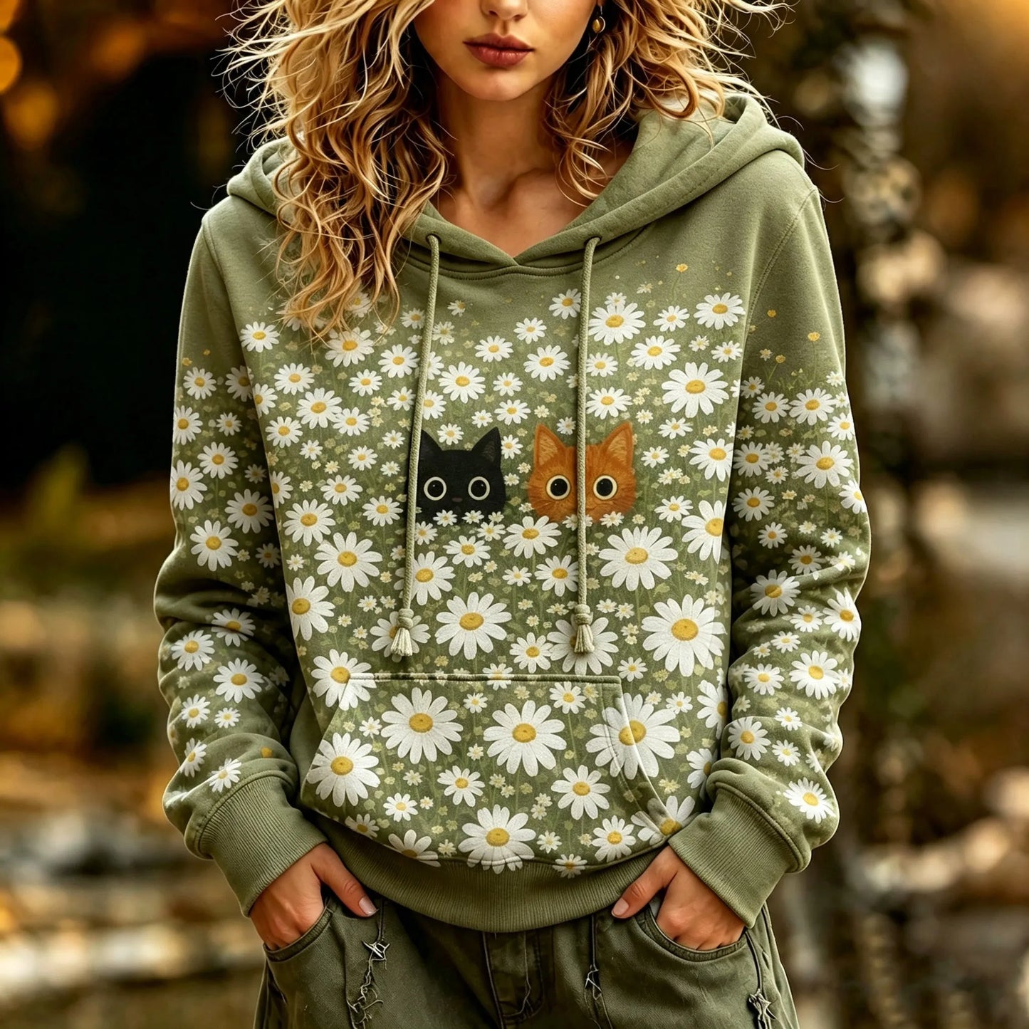 Cardydony Women's Retro Bohemian Cat And Floral Print Hoodie