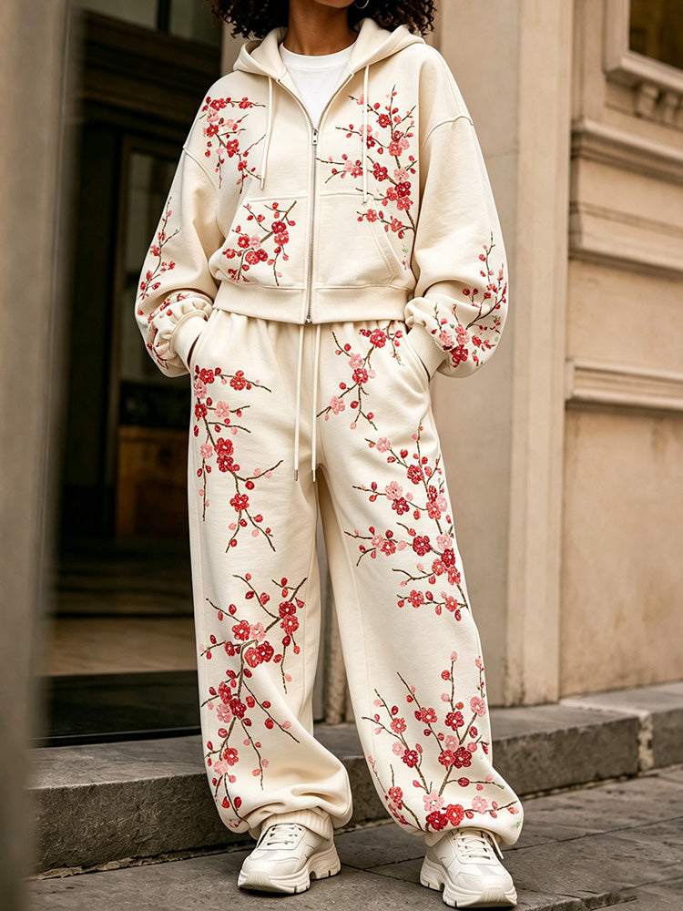 Cardydony Women's Japanese Floral Art Print Zip Up Hoodie Two Piece Set