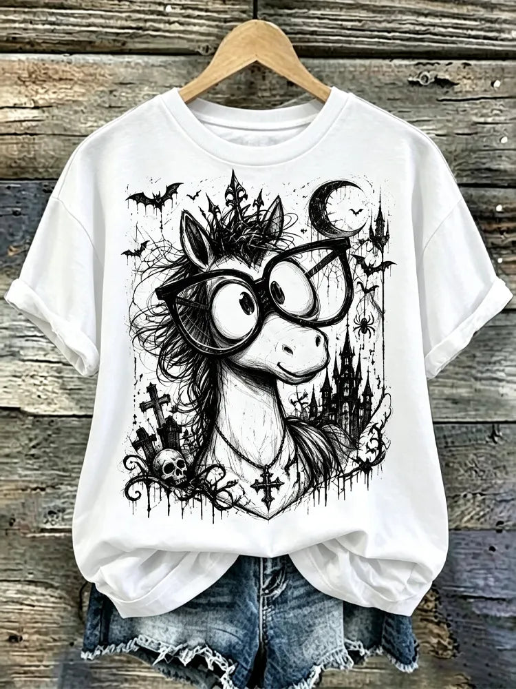 Cardydony Women's Halloween Glasses Pony Short-sleeve Top