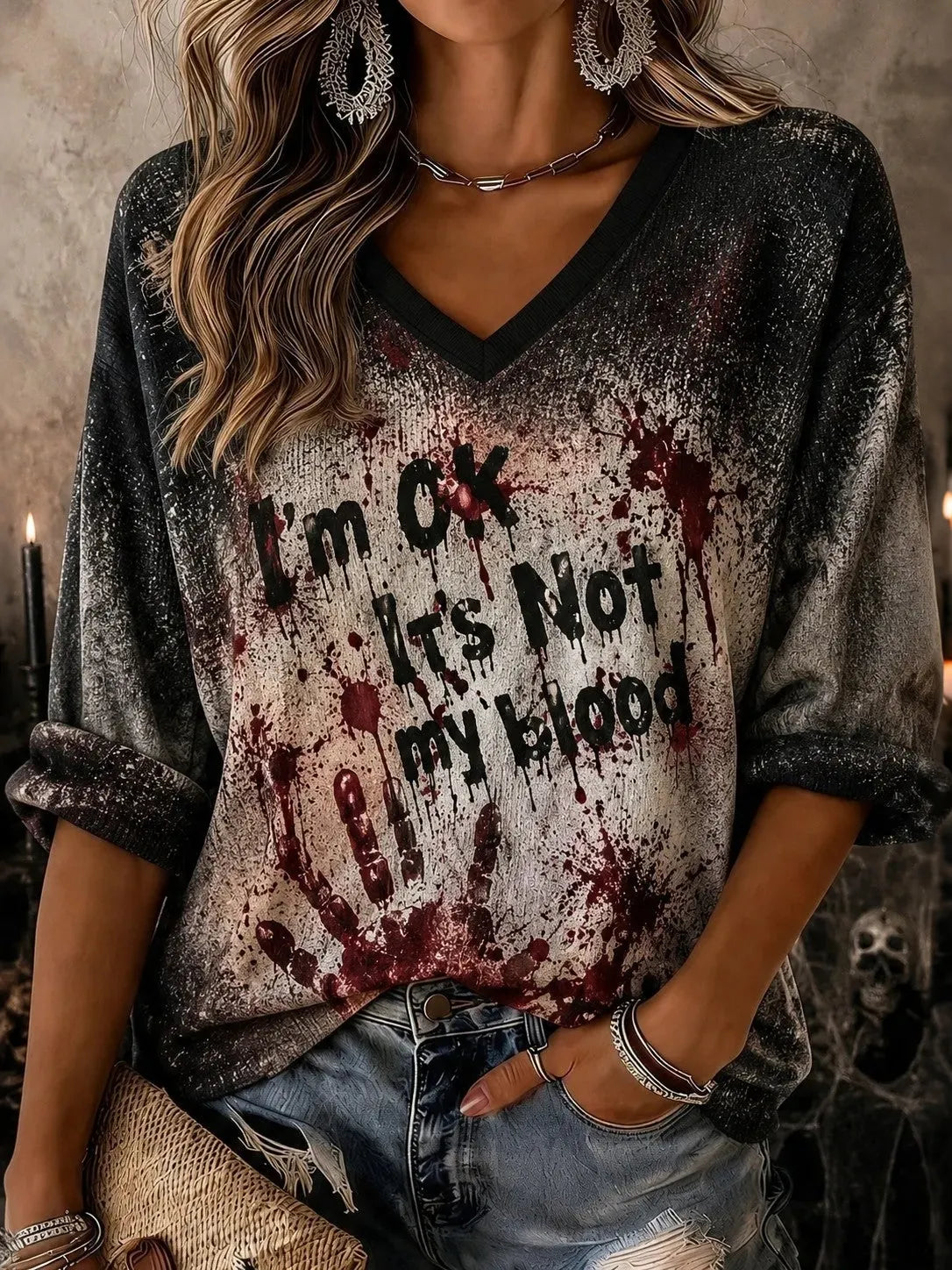 Cardydony Women's I'm Ok It's Not My Blood Printed Mid-length Sleeves V-neck T-shirt