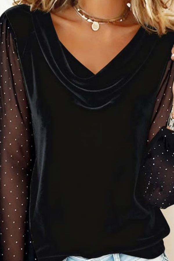 Cardydony Women's Fashionable Velvet Patchwork Mesh Rhinestone Long-sleeved Casual Top