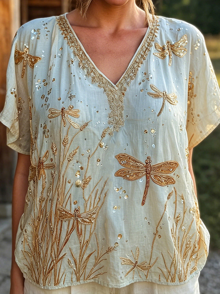 Cardydony Boho Cream Linen Blend Gold Thread Dragonfly & Wheat Embroidery V Neck Blouse