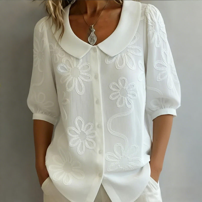 Cardydony Loose Vintage Button Embroidered Floral Mid-sleeve Shirt
